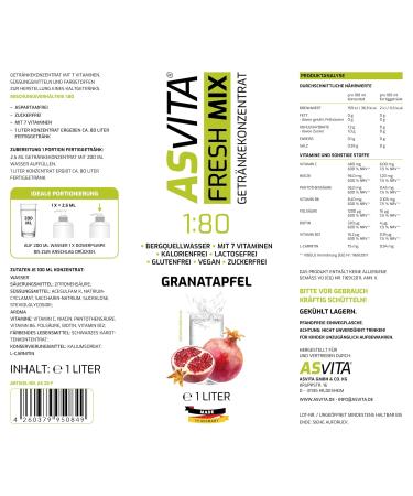Asvita Beverage Concentrate Fresh Mix 1:80 - Sugar-Free Drink Syrup - 26 Delicious Flavors (Pomegranate) - 1L Bottle with Dosing Pump - International Shipping - Buy Online on GoSupps.com