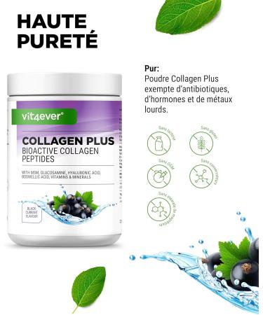  Vit4ever Collagen Plus - 500g powder with MSM glucosamine HCL hyaluronic acid incense extract - 100% hydrolyzed bioactive collagen peptides - collagen type 1 2 & 3 - blackcurrant taste - Buy Online on GoSupps.com
