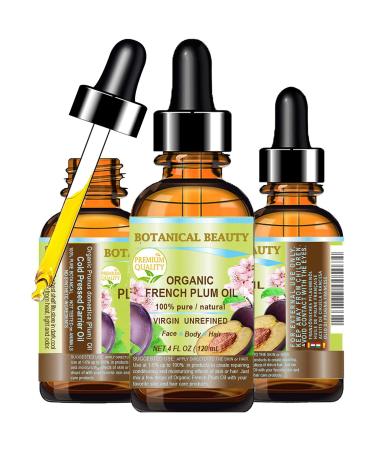 Botanical Beauty Organic PLUM OIL French. 100% Pure Natural Virgin Unrefined Undiluted Cold Pressed Carrier Oil. For Face Skin Hair Body Lips Nails 4 Fl.oz - 120 ml