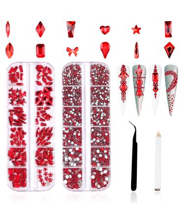 3120Pcs Nail Art Rhinestones Kit HOINCO 120Pcs Multi Shapes Glass Crystal AB Rhinestones and 3000Pcs Round Flat Back Gems Diamond with Tweezers and Dotting Pen for Nail Art Decoration(Red) Light Siam
