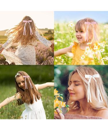 WLLHYF 4Pcs Tassel Ribbon Hair Clips Silky Satin Bows Hair Barrettes Long Tail Bowknot Ponytail Holder Metal Slides Claw Hair Valentine's Day Accessories for Women Girls Kids White+Pink - Buy Online on GoSupps.com