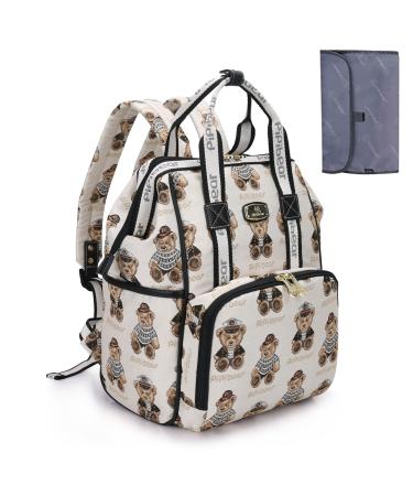 Pipi bear Diaper Bag Backpack, Stylish Cute Travel Baby Bag, Jacquard Maternity Nappy Bag for Mom and Dad with Changing Pad, Cream