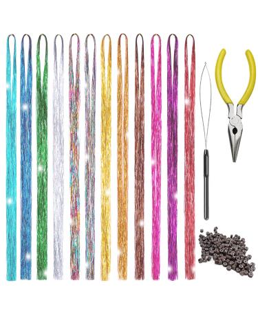 Hair Tinsel Kit Hair Extensions 47 Inches 12 Colors 2400 Strands Sparkling Tinsel Christmas New Year Halloween Cosplay Party Tinsel With tool Kit 12 colors 3 tools