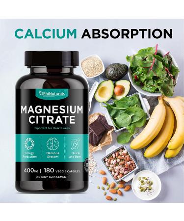 Magnesium Citrate 400mg Capsules - 180 Count | Non-GMO Natural Sleep & Relax Supplement | Made in USA - Buy Online on GoSupps.com
