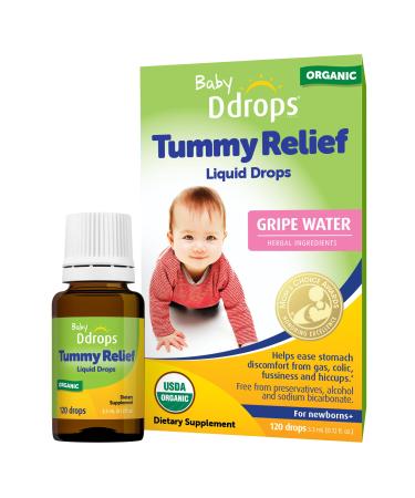 Ddrops Baby Tummy Relief Liquid Drops Organic Gripe Water for Newborns Relief from Gas Colic Fussiness and Hiccups Just One Drop Herbal Ingredients 120 Drops