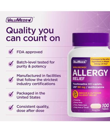ValuMeds 24-Hour Allergy Medicine (100-Count) | Fexofenadine HCl Tablets | Non-Drowsy Antihistamine | Pollen, Hay Fever, Allergies | Kids & Adults | Compare to Allegra - Buy Online on GoSupps.com
