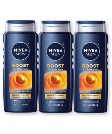 NIVEA MEN Boost 3-in-1 Body Wash Citrus Scent and Caffeine Enriched Men's Body Wash Cleanses Face Body and Hair 16.9 Fl Oz Bottle
