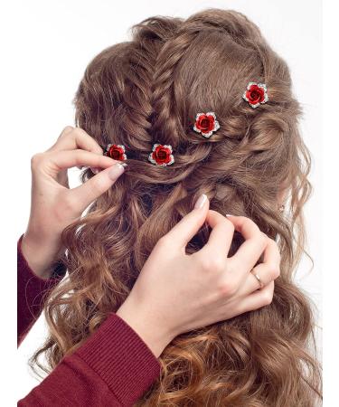 BBTO 12pcs Red Rose Flower Rhinestone Hair Pins for Women Girls - Bridal Wedding Accessories for Party, Prom, Halloween & Events - Buy Online on GoSupps.com
