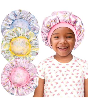 3 Pieces Kids Unicorn Satin Bonnet Wide Elastic Band Sleeping Cap Soft Silk Double Layer Night Hair Hats for Teens Toddler Child Baby B-unicorn