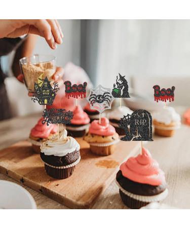 Rsstarxi 24 Pack Halloween Cupcake Toppers Glitter Tombstones Spider Boo Ghost Witch Cupcake Picks Skull Bat Happy Halloween Cake Decoration for Horror Halloween Baby Shower Birthday Party Decorations Design 25 - Buy Online on GoSupps.com