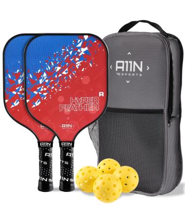A11N HyperFeather R Pickleball Paddles Set of 2 Rackets with 4 Outdoor Balls and 1 Backpack, USA Pickleball Approved Blue/Red