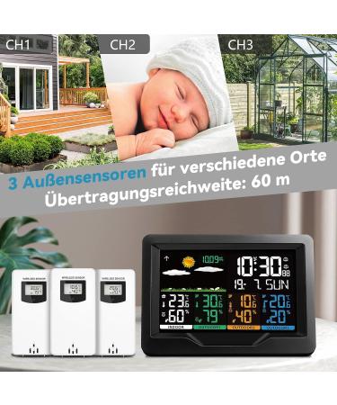 Oule GmbH Weatherstation Funk - 3 Outdoor Sensors Indoor/Outdoor Thermometer Hygrometer & Weather Forecast - DCF Radio Clock - International Shipping Available - Buy Online on GoSupps.com