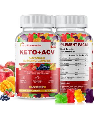 Keto Apple Cider Vinegar Gummies Keto ACV Gummy Diet Supplement Advanced 1500mg ACV Gummies with Folate B12 B6 and Keto Support for Women Men Gelatin- Free Vegan & Non-GMO (Multi-Flavor) 60 Count (Pack of 1)