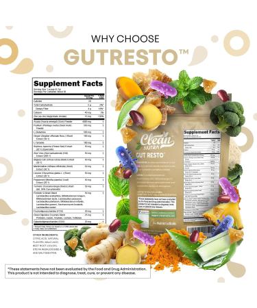 GutResto Fiber Supplement Psyllium Husk Powder Ginger Digestive Enzymes Probiotic Peppermint Licorice Aloe Vera Marshmallow Root Turmeric Supplement Slippery Elm Gut Health Prebiotics by Clean Nutra - Buy Online on GoSupps.com