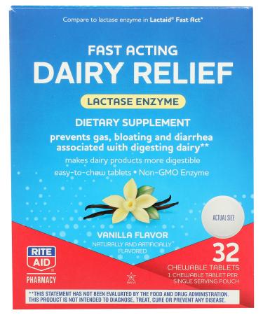 Rite Aid Fast Acting Dairy Relief Chewable Tablets, Vanilla Flavor - 32 Ct. | Lactase Enzyme Supplement | Gas & Bloating Relief | Lactose Intolerance Pills | Dairy Relief Pills | Enzymes for Digestion