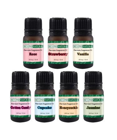 Top Fragrance Oil Set - Best 7 Scented Perfume Oil - Cotton Candy Frosted Cupcake Honeysuckle Jasmine Rose Vanilla & Strawberry - Premium Grade - 10 mL