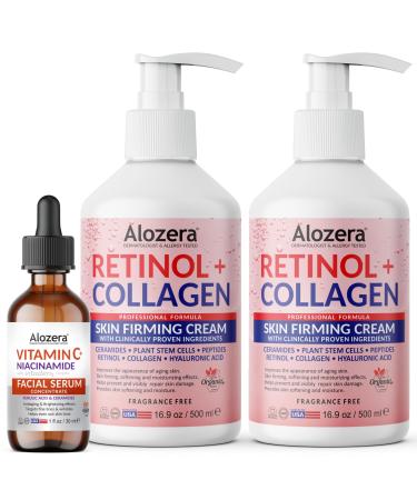 Alozera Retinol + Collagen Firming Body Lotion (2-Pack) with Vitamin C Serum with Niacinamide & Ferulic Acid Firming Hydrating & Radiance-Enhancing Skincare Set for Face Neck & Body Fragrance-Fre