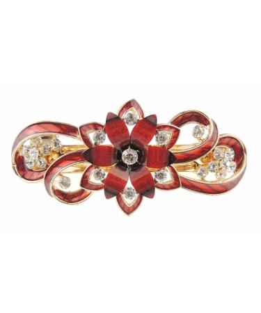 Womens Girls Crystal Rhinestone Diamante Wedding Birthday Party Evening Ponytail Fine Medium Hair Accessories Occasion Barrette Hairpin Grip French Spring Clip Metal Enamel Flower Swirls Red
