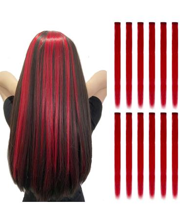 12PCS Colored Red Hair Extensions Straight Multicolor Clip in Hair Extensions Colorful 20 Inch Rainbow Hair Extensions for Kids Women's Gifts Halloween Christmas Party Highlights (12pcs Red)