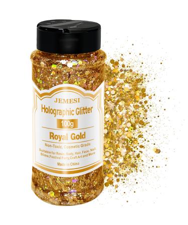 Holographic Chunky Glitter, 100g Royal Gold Cosmetic Craft Glitter for Epoxy Resin, Nail Sequins Iridescent Flakes, Body, Face, Hair, Nail, Glitter Slime Making