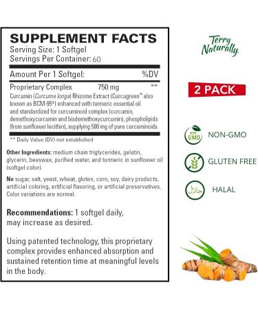 Terry Naturally CuraMed 750mg (2 Pack) - Superior Absorption BCM-95 Curcumin Supplement - Promotes Healthy Inflammation Response - Non-GMO, Gluten-Free, Halal - 120 Total Servings - Buy Online on GoSupps.com