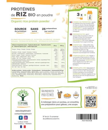 Prot ine de Riz Bio - Bioptimal - 80% de Prot ines - 12% de BCAA - Energie Sport Musculation - Poudre de Riz Brun Germ - 100% Pur - Whey V g tale - Conditionn en France - Certifi Ecocert - 500g Brun 500 g (Lot de 1) - Buy Online on GoSupps.com
