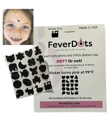 FeverDots in 20 Different Shapes 10mm Size - Easy to See Fever Alert Stickers (20 per Pack). Great for School or Other Groups. Turns Full Pink at 99 F. Black and Pink each FeverDot is approx. 10 mm