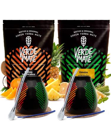 Set de yerba mat avec accessoires | Verde Mate Green Frutos Tropicales et Limon | Yerba mat fruit | Calebasse bombilla et accessoires | Caf ine naturelle | Yerba mat br silien | 2x500g | 1kg