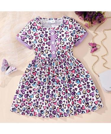 Girls Summer Dresses - Short Sleeve Dinosaur Leopard Print A-Line Toddler Outfit | A-purple 3-4T - Buy Online on GoSupps.com