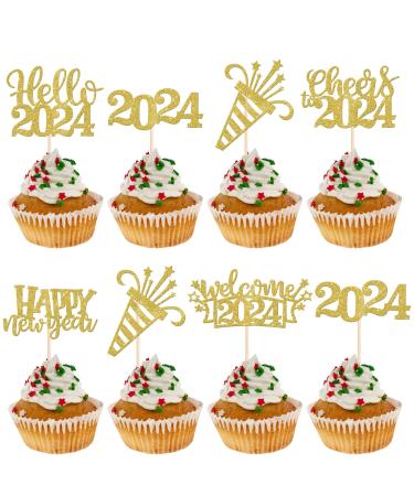 SYKYCTCY 36 Pack Happy New Year Cupcake Toppers Glitter Welcome 2024 Cupcake Topper Cheers to 2024 Cupcake Topper Hello 2024 Cupcake Food Picks Decorations for Happy New Year Eve Party Supplies Gold Color 4
