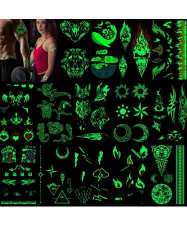 HOWAF Glow in Dark Temporary Tattoos for Adult Men Women Kids(14 Sheets)  Waterproof Temporary Tattoo Moon Sun Wolf Lion Totem Fake Tattoos Body Art Sticker Arm Hand Neck Wrist