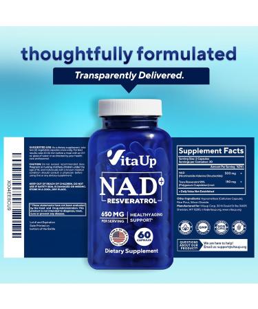 VitaUp NAD+ Resveratrol Supplement - USA Made Trans Resveratrol NAD Supplement 650mg - Nicotinamide Adenine Dinucleotide Capsules for Healthy Aging Energy & Focus Support - 60 Count - Buy Online on GoSupps.com