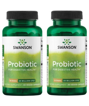 Swanson Probiotic for Digestive Health GI Tract Immune Support Travelers Support 20 Billion CFU with Prebiotic FOS 60 Veggie Capsules (Caps) (2 Pack)