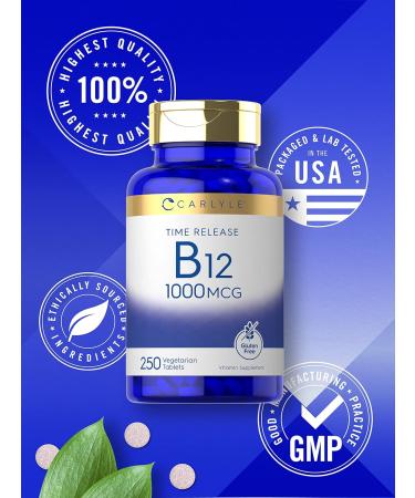 Carlyle B12 Vitamin 1000 mcg | 250 Count | Time Release Tablets | as Cyanocobalamin | Vegetarian Non-GMO & Gluten Free Supplement 250 Count (Pack of 1) - Buy Online on GoSupps.com