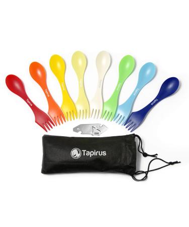 Tapirus Spork to Go V8 Set - 8 Colorful Durable and BPA Free Sporks - Spoon, Fork and Knife Combo Utensils Flatware Mess Kit for Camping and Outdoor Activities - with Bottle Opener and Carrying Case