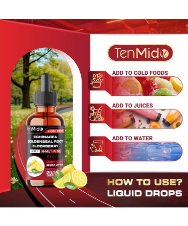 Tenmido Echinacea Goldenseal Tincture - 6in1 with Vitamin D3 Vitamin C Zinc and Elderberry - Immune System Support - Vegan Non-GMO - 30ml 1 Fl Oz - Buy Online on GoSupps.com