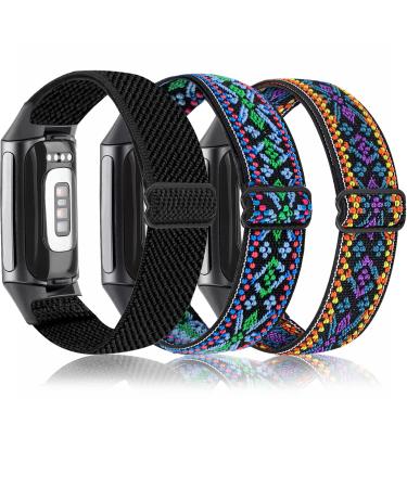[3 Pack] Osber Elastic Bands Compatible for Fitbit Charge 5, Soft Stretchy Replacement Wristbands for Women Men with Graphite Connector (Black/Aztec Purple/Aztec Green) Graphite Connector Black/Aztec Green/Aztec Purple