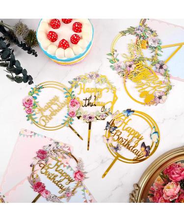 Happy Birthday Cake Toppers - Gold Flower Acrylic - Set of 6 - Ideal for Birthday Parties, Anniversaries, and Cake Decorations - Buy Online on GoSupps.com