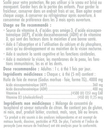 200ml (6.8oz) Cod Liver Oil 100% Tested for Purity Potency and Freshness EPA 360mg | DHA 400mg 4500 IU Vit A | 450 IU Vit D3 Made in Canada - Buy Online on GoSupps.com