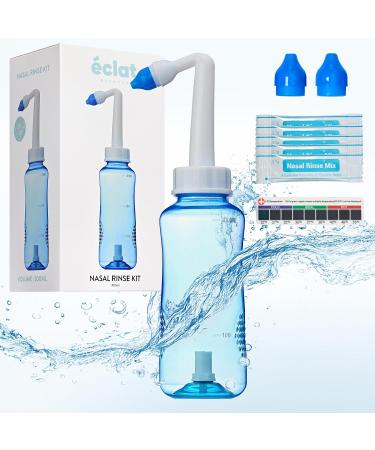 ECLAT Nasal Rinse Kit - Gentle Pressure Nasal Irrigation, Smart Control Auto Flow On/Off Valve, BPA-Free Nose Wash Cleaner Sinus Clearer for Kids & Adults with Cap, 2 Nozzles and 40 Salt Packs (300mL) - Buy Online on GoSupps.com