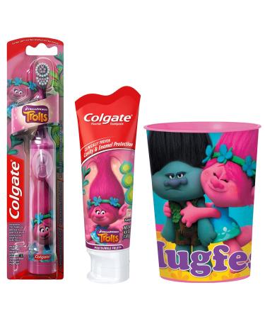 Trolls Poppy Kids Toothbrush Bundle: 3 Items - Powered Toothbrush, Mild Bubble Fruit Toothpaste, Kids' Rinse Cup