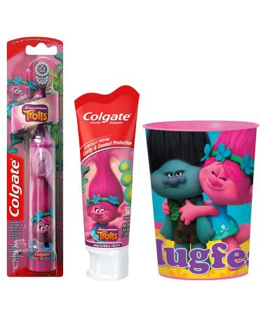 Trolls Poppy Kids Toothbrush Bundle: 3 Items - Powered Toothbrush, Mild Bubble Fruit Toothpaste, Kids' Rinse Cup