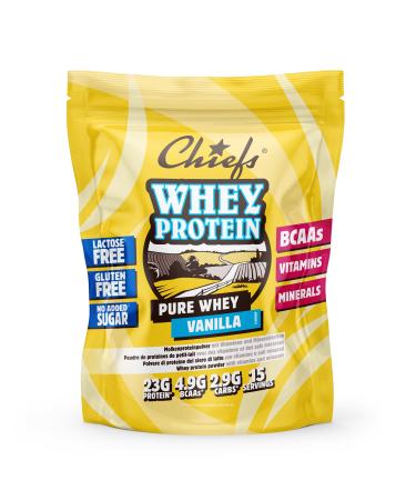 Poudre de prot ines de lactos rum Chiefs (Vanilla 450 g) 24 g de prot ines par portion pour la construction musculaire Avec BCAA et vitamines Sans lactose faible en mati res grasses