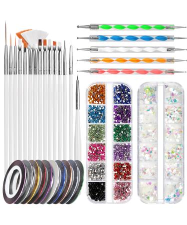 FANDAMEI Nail Starter Kit with Nail Gems - 15pcs Nail Pen Designer + 5pcs Dotting Tool + 10pcs Nail Striping Tape + 12 Boxes Nail Crystals + 12 Boxes Holographic Nail Sequins Nail Art Brushes Set White