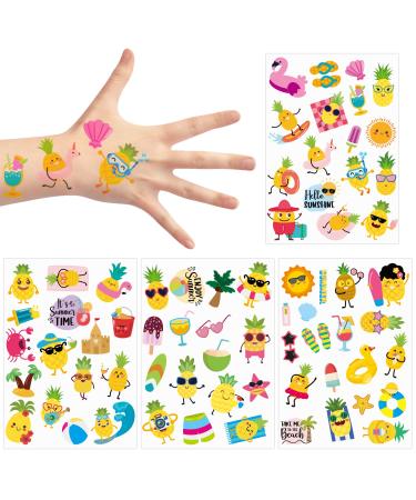 3sscha 8 Sheets Summer Pineapple Temporary Tattoo for Kids Cartoon Flamingo Swim Ring Non-toxic Tats Stickers Waterproof Palm Ice Cream Body Sticker Art Decal Beach Party Favor Supplies for Boys Girls 1. Pineapple