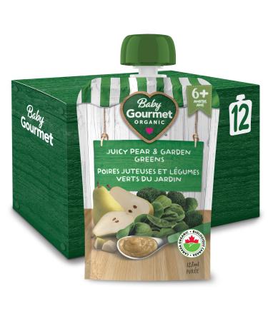 Baby Gourmet Organic Puree Baby Food Pouches - Juicy Pear & Garden Greens - No Added Sugar Or Salt Non GMO No Fillers Gluten Free Kosher (128ml) 12 Pack(Packaging May Vary)