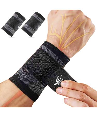 HiRui Wrist Brace Wrist Wraps Compression Wrist Strap, Wrist Support for Work Fitness Weightlifting Sprains Tendonitis, Carpal Tunnel Arthritis, Pain Relief, Adjustable Wristbands 2 PACK (Black, M) Black Medium (Pack of 2)