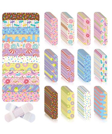 12 Styles Kids Bandages Bulk Cute Cartoon Flexible Adhesive Bandages Candy Donut Waterproof Breathable Adhesive Bandages for Little Cuts Scrapes for Girls Boys Children (120 Pcs)