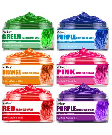 6 Pack Temporary Hair Color Wax Natural Hair Wax Color Hair Coloring Wax Mud for Men Women Kids Daily Party Cosplay Halloween DIY Hair Color (Green Orange Pink Purple Red Blue)