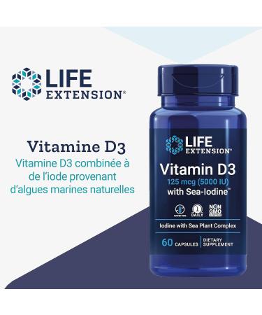Life Extension Vitamin D3 125mcg (5000 IU) Deposit One Capsule Every 5 Days with Sea Iodine 60 Capsules Gluten Free Soy-Free Non-GMO - Buy Online on GoSupps.com